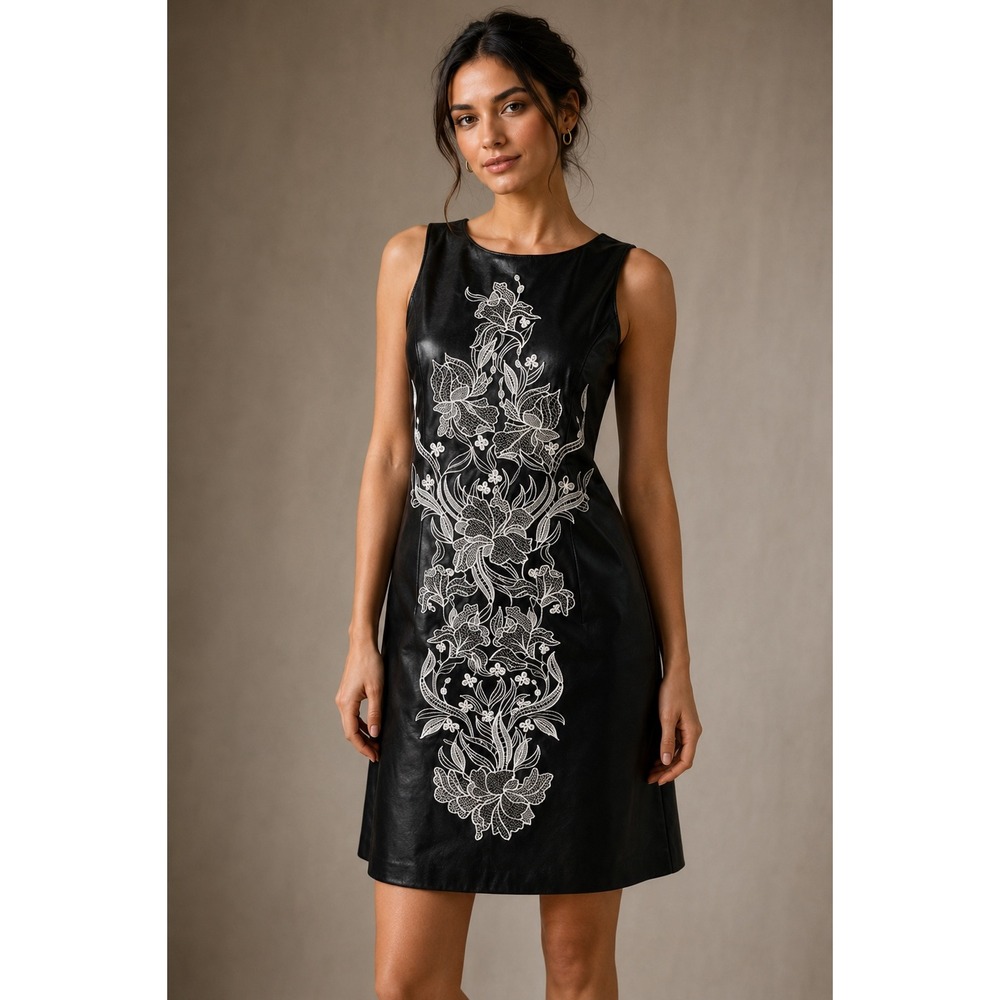 White House Black Market Women 8P Black Leather SL Embroidered Sheath Dress